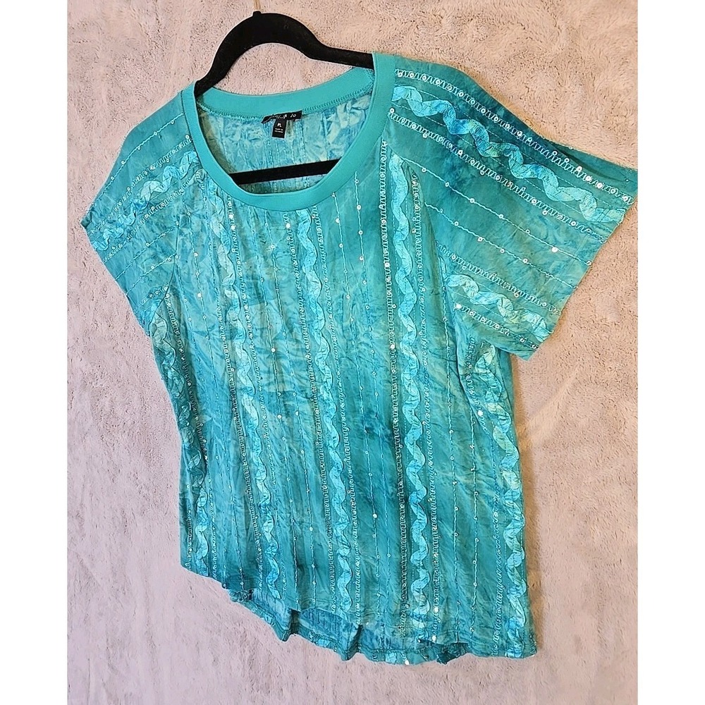 Sami‎ & Jo Teal short sleeve embroidered sequined tunic size Petite large